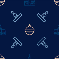 Set line Church building, Burning candle and Christmas ball on seamless pattern. Vector