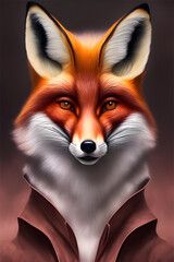 Obraz premium Portrait of a red fox in clothes on a dark background. The head of a beautiful forest animal. Smart look of a dodgy fox, a skillful predator and an elegant animal, generative AI