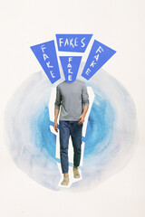 Vertical collage picture of walking guy fake word text instead head isolated on creative painted background