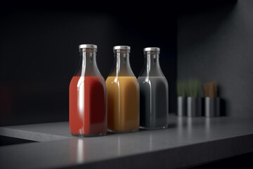 mockup glass bottles, different juices standing on the shelf, ai generation
