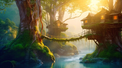 Fantasy wooden houses by the river in forest during sunrise. Soft sunlight in morning mist. Generative AI