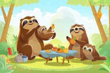 Obraz na płótnie Canvas Cheerful family of sloths having a picnic in sunny day, cartoon style illustration. Generative AI