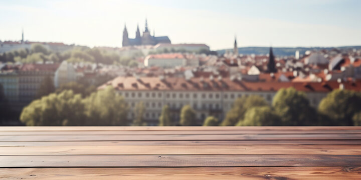 Wood table mockup with Prague city street in shallow depth of field. Copy space for product. Generative AI