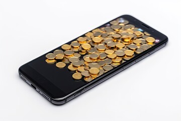 Finances in the phone, gold coins on the smartphone screen. Generative ai.