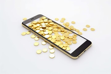 Transferring money using a smartphone, with gold coins on the screen. Generative ai.
