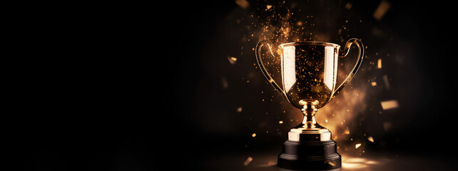 Generative AI, Winner trophy with flames, golden champion cup with falling confetti on dark background - obrazy, fototapety, plakaty
