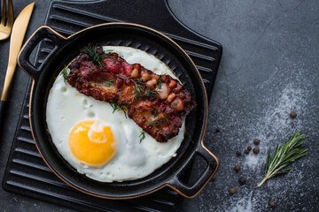 Fried eggs on a stylish ceramic plate with handles with fried bacon on a dark background. Breakfast, lunch and dinner. Delicious food. Cooking.