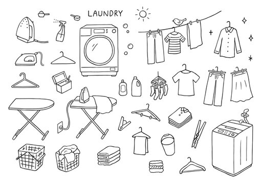 洗濯にまつわる手描きイラストセット（モノクロ）