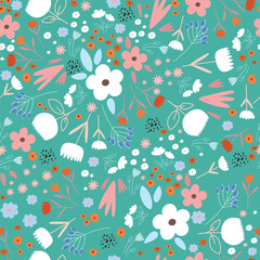 Cute Hand Drawn Floral Seamless Vector Patterns. Colorful Flowers, Leaves Isolated on a turquoise Background. Infantile Style Florals Print ideal for Fabric, Textile.