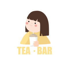A girl with a glass of tea in her hands. Advertising for restaurants, cafes, signs, billbords, shop, decoration, prints on clothes, bars.