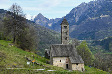 Fototapeta na wymiar View at the church of Saint Carlo at Leontica on Blenio velley, Switzerland
