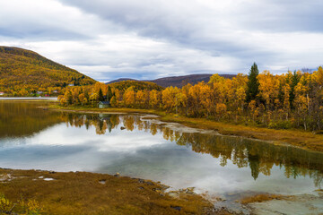 Small boat house surrounded by autumn colored trees along the coast of Skreddarkjosen in Troms og Finnmark, Norway