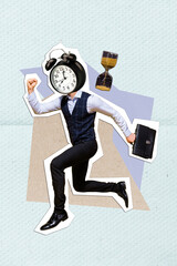 Poster collage banner of headless absurd man business meeting wear formal suit no time for sleep...