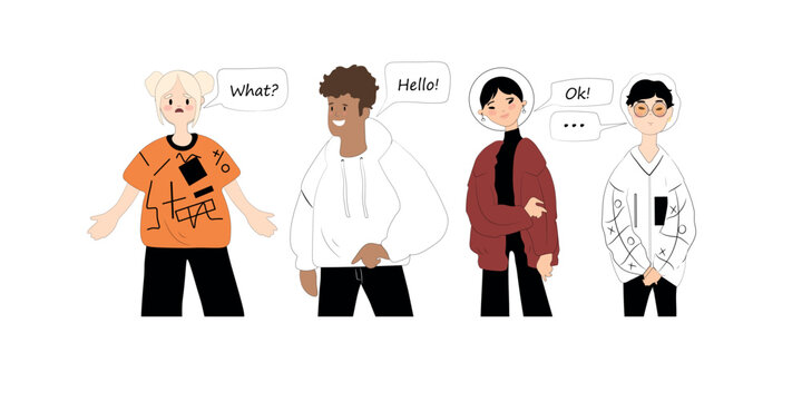 Set of flat vector people, students, asking different questions: what, hello, ok. People of various nationalities. Vector illustrations