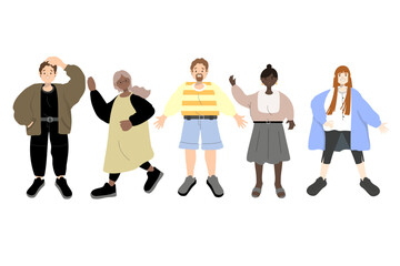 Obraz premium A set of five people, men and women. With different gestures and emotions. For books, postcards, banners, advertisements, magazines, prints, stickers.