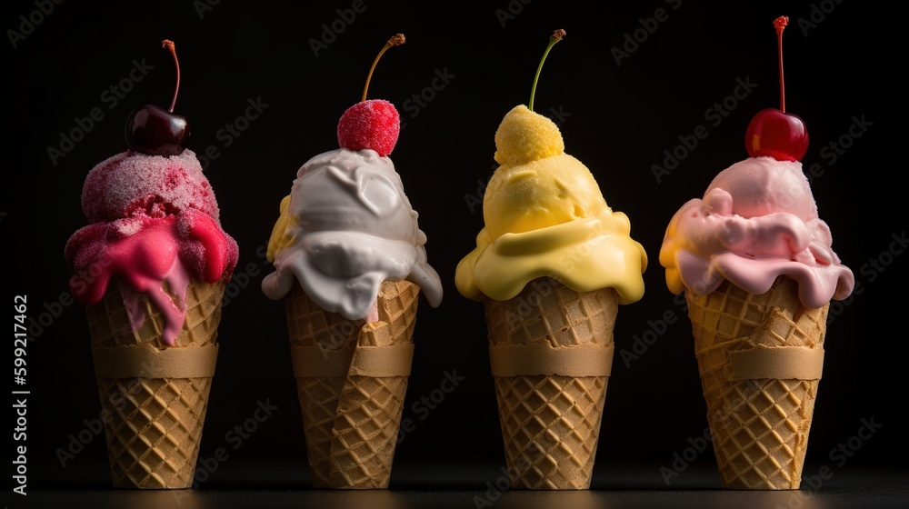 Poster a total of four ice cream cones, each containing a unique flavor of ice cream generative ai