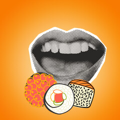 Eating sushi mouth. Japanese cuisine lovers concept. Contemporary art collage
