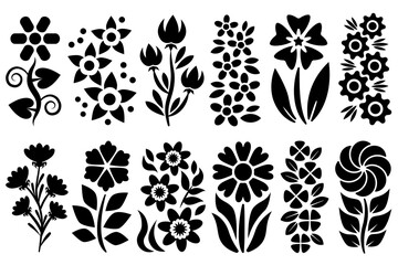 Flat flower designs. Floral drawings set. Collection of natural design elements. Black flat monochrome collection.