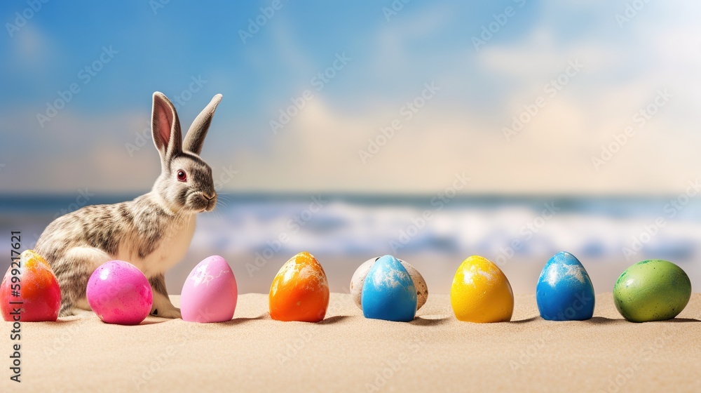 Poster a rabbit posed in front of a collection of colorfully decorated eggs generative ai