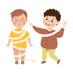 Aggressive bully boy wrapping classmate with toilet paper. Bad manners, conflict at school, bullying, intimidation of weak cartoon vector illustration