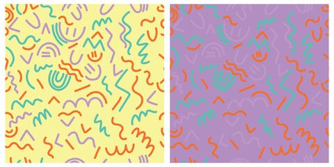 Set fun colorful line doodle seamless pattern. Creative minimalist style art background for children or trendy design with basic shapes. Simple childish scribble backdrop.