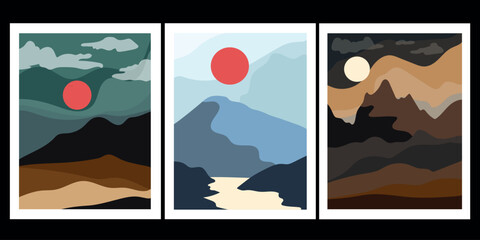 Set of minimal landscape with mountains, big hill, red sun, river, Vector background.