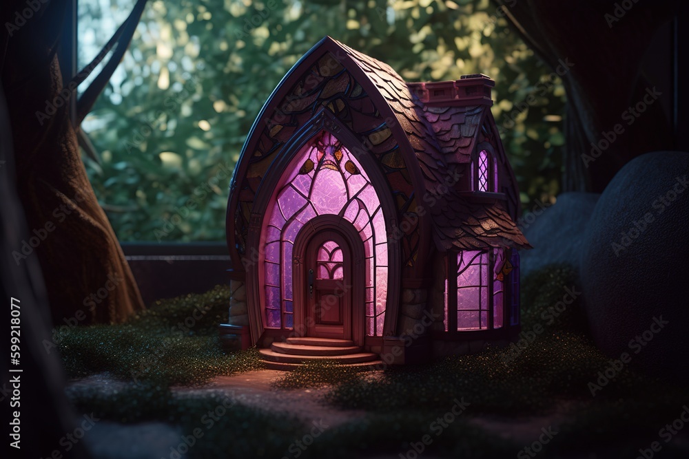 Poster a little home with a violet glow emanating from inside it generative ai