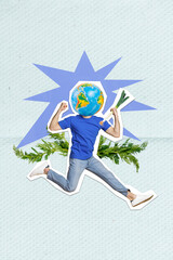 Vertical illustration collage placard of headless person jump carefree planet earth world green...