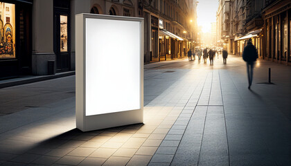 Werbeaufsteller in einer Straße blanko für Text freigestellt, weiß, beleuchtet, Generative AI 