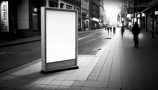 Werbung auf der Stra&szlig;e, Fu&szlig;g&auml;ngerzone Werbeagentur Werbung schalten, viele Menschen erreichen, blanko, Vorlage Platz f&uuml;r Text, Generative AI 