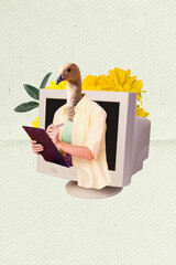 Vertical template collage photo artwork of headless bird swan write notepad monitor screen...