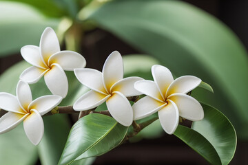 White frangipani flowers with green leaves in the background 