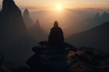 Fototapeta A cinematic shot of a lone figure perched atop a mountain peak, silhouetted against the setting sun. They sit in the lotus position, their eyes closed in deep meditation. obraz