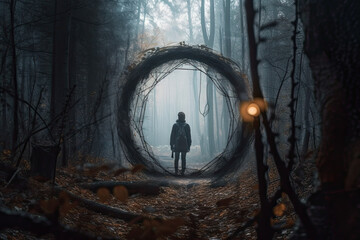 Fototapeta na wymiar Mystical ancient abandoned magical portal to another world in a forest on a path with a curious researcher, created with Generative AI.