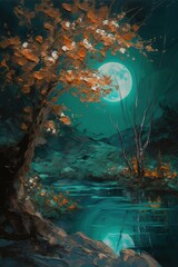 Oilpainting of a nice landscape with the Moon