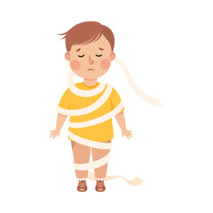 Upset boy wrapped with toilet paper. Stressed kid. Conflict at school, bullying, intimidation of weak cartoon vector illustration