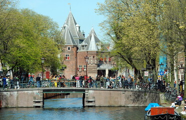 View on buildings and the Immanuels church (1900) at the waterside of the river Nissan in Halmstad,...