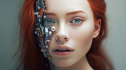 Portrait of a young girl with red hair, half with the face of a robot, a cyborg. Concept people coexist with modern technology and neural network.