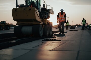 Paving crew at work on the road. Generative AI illustration.