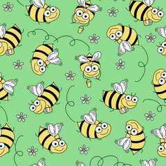 Fototapeta premium Pattern Seamless. Bees cartoon . Drawing, sketch. Doodle insect set. Bees fly with honey. Vector illustration, background isolated.