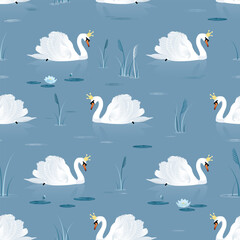 White swan bird in golden crown on lake surface between water lilies and reeds. Vector fairy tale pattern