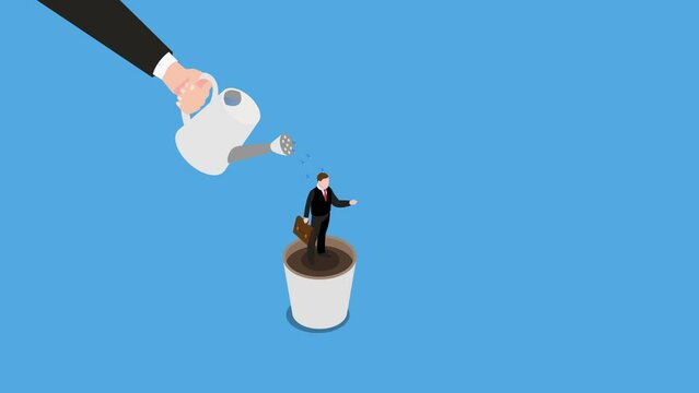 Hand watering businessman in flowerpots