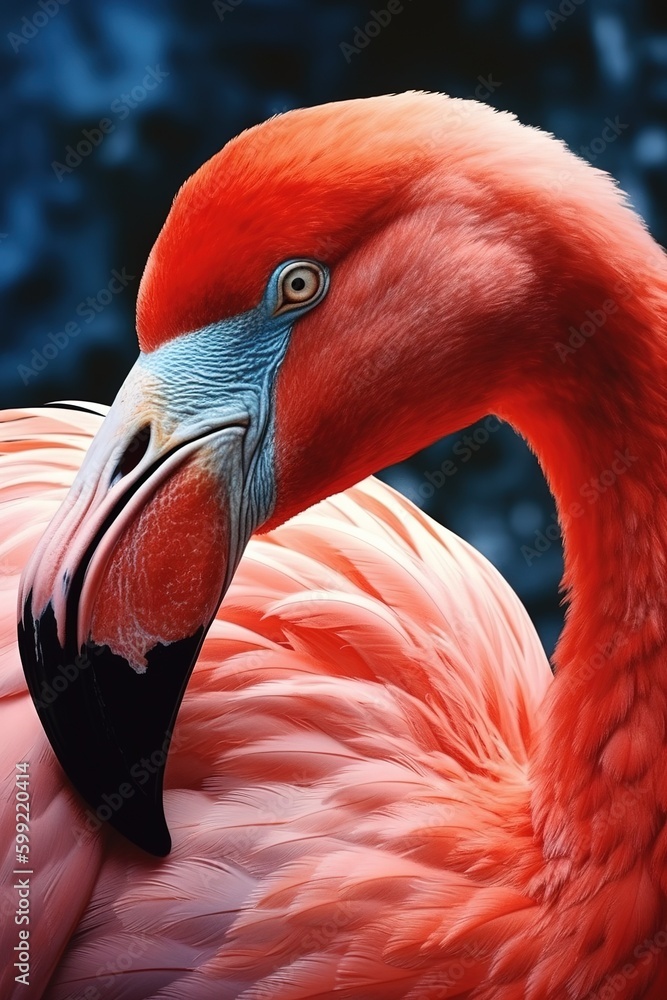 Poster an up-close photograph of a flamingo in pink on a blue backdrop generative ai