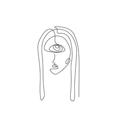 Abstract female face with one eye silhouette. One line art. isolated vector illustration, tattoo, print and logo design, continuous line drawing. Single line on a white background.