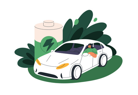 Electric car charging. Eco-friendly auto vehicle recharging with green sustainable energy, clean bio fuel. Electro automobile at charger. Flat graphic vector illustration isolated on white background