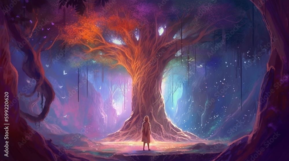 Poster a person in the middle of a forest, standing in front of a tree. generative ai