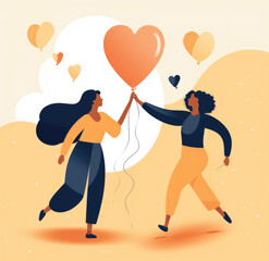 Two people holding heart shaped balloon. Generative AI illustration