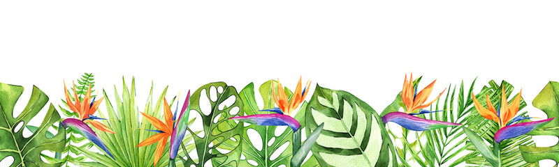 Seamless border with tropical leaves and flowers. Botanical composition. Watercolor hand drawn floral illustration. Perfect for print and decoration. © Jamilia.art
