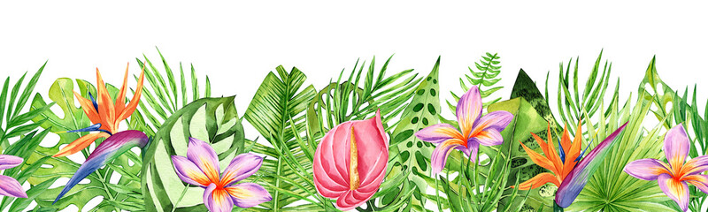 Seamless border with tropical leaves and flowers. Botanical composition. Watercolor hand drawn floral illustration. Perfect for print and decoration.