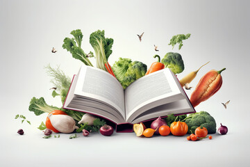 Levitation of open recipe book with fresh vegetables and fruits on white background, Cooking book ingredients, vegetarian diet flying food, AI Generative.